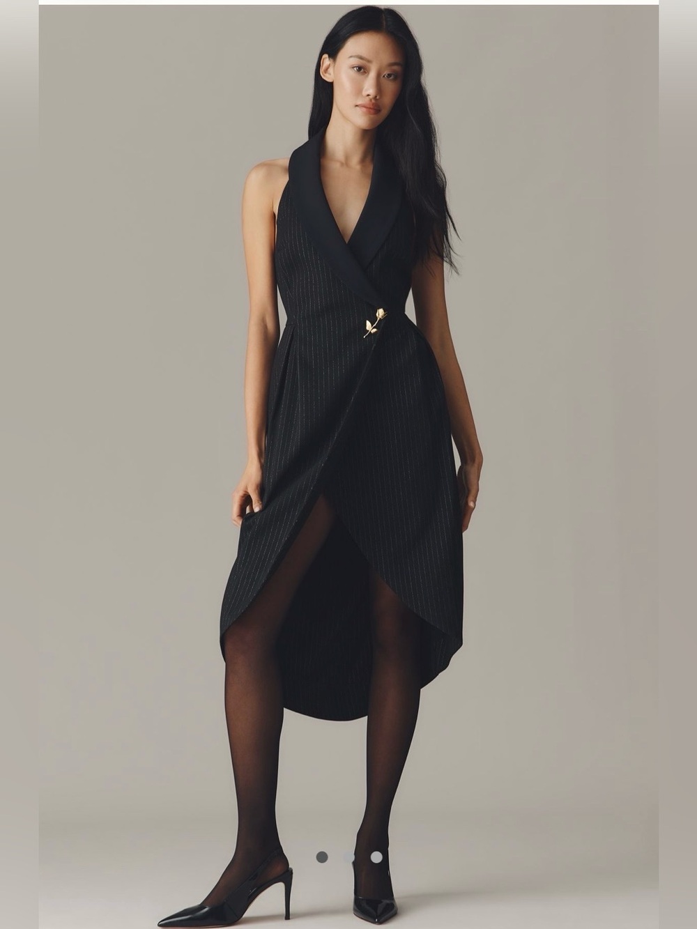 Anthropologie Black Pinstripe Wrap Midi Dress with Gold Accent